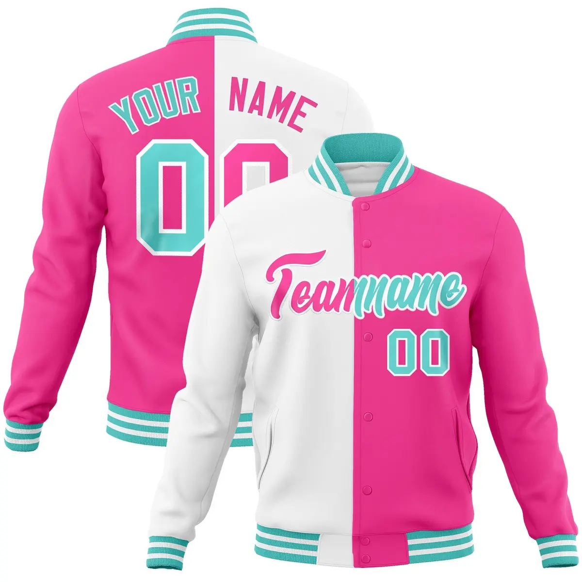 White Pink Two Tone Split Varsity Full-Snap Letterman Jacket