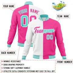 White Pink Two Tone Split Varsity Full-Snap Letterman Jacket 4