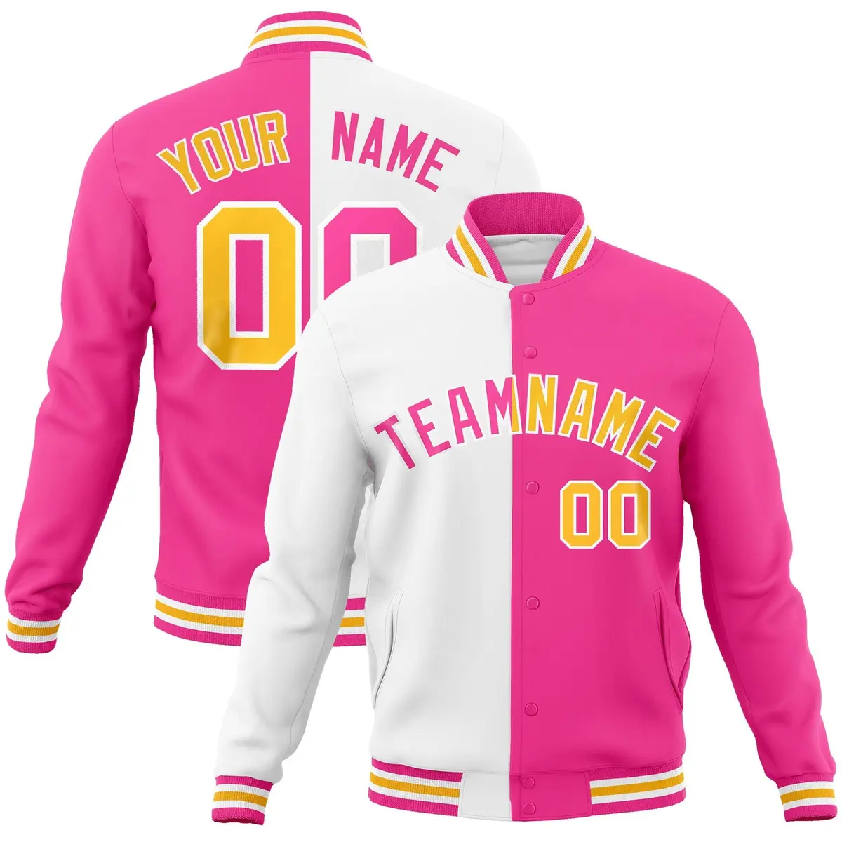 White Pink Two Tone Split Varsity Full-Snap Letterman Jacket