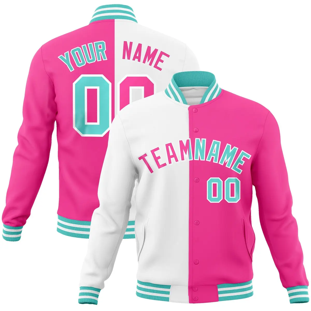 White Pink Two Tone Split Varsity Full-Snap Letterman Jacket
