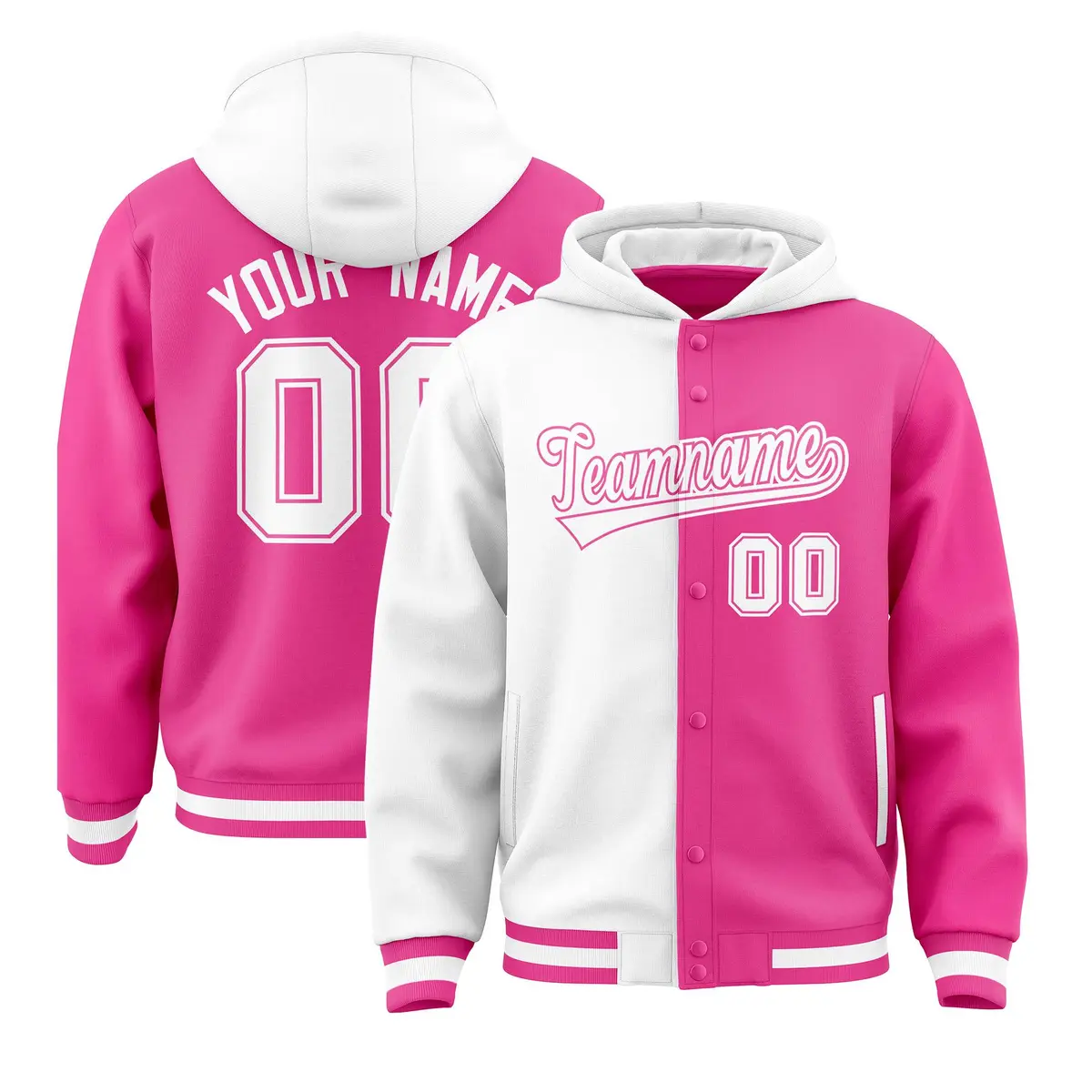 White Pink Two Tone Split Varsity Full-Snap Letterman Jacket Hoodie