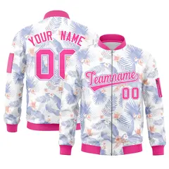 White Pink Varsity Letterman Bomber Jacket Hawaii Full-Zip