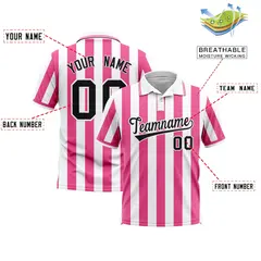 White Pink Vertical Stripes Performance Polo Shirt 2
