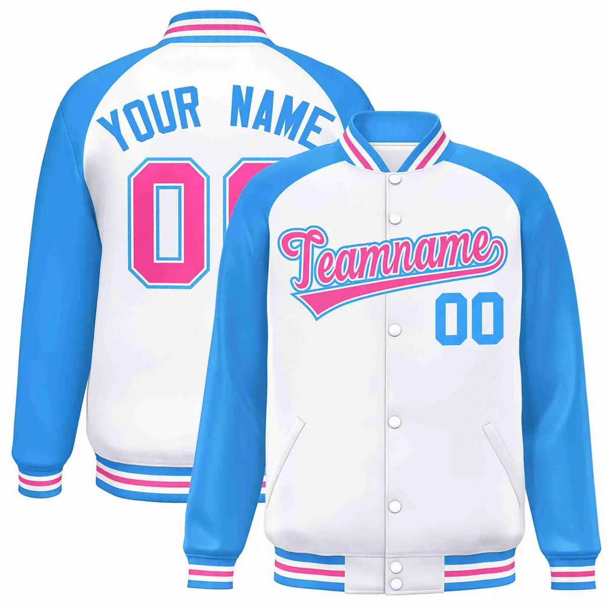 White Pink-White Raglan Varsity Letterman Full-Snap Jacket