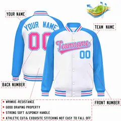 White Pink-White Raglan Varsity Letterman Full-Snap Jacket 2