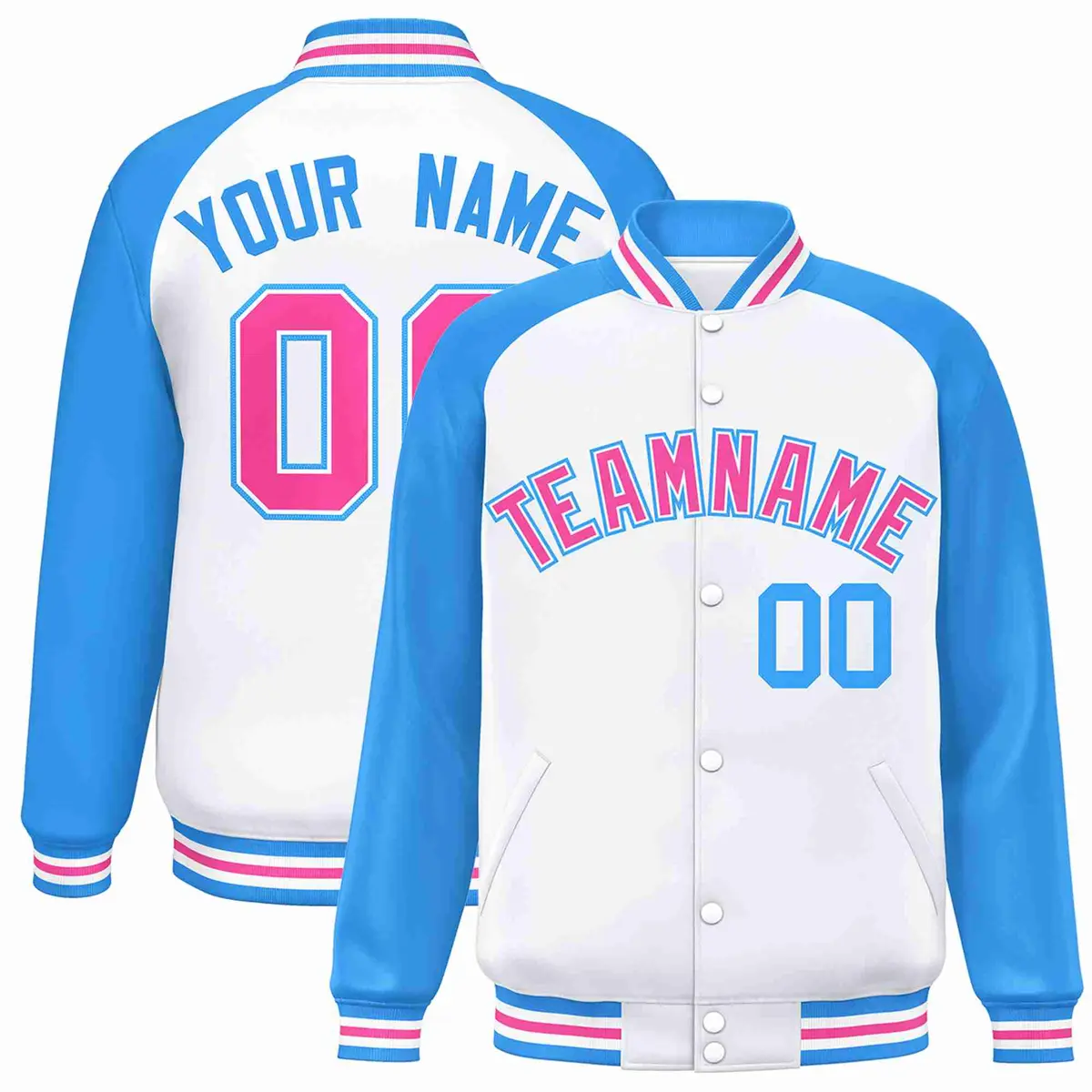 White Pink-White Raglan Varsity Letterman Full-Snap Jacket
