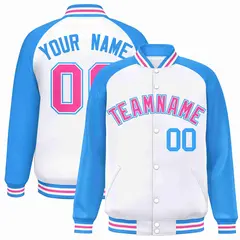White Pink-White Raglan Varsity Letterman Full-Snap Jacket 1