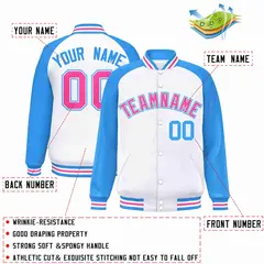 White Pink-White Raglan Varsity Letterman Full-Snap Jacket 2