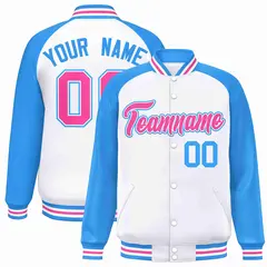 White Pink-White Raglan Varsity Letterman Full-Snap Jacket 1