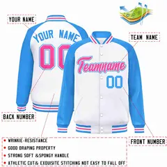 White Pink-White Raglan Varsity Letterman Full-Snap Jacket 2