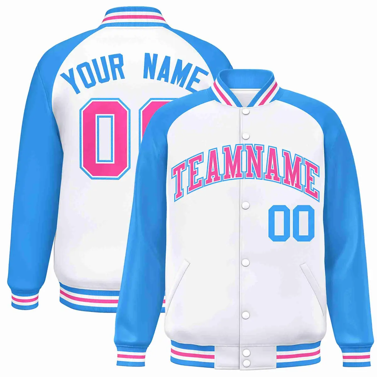 White Pink-White Raglan Varsity Letterman Full-Snap Jacket