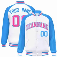 White Pink-White Raglan Varsity Letterman Full-Snap Jacket 1