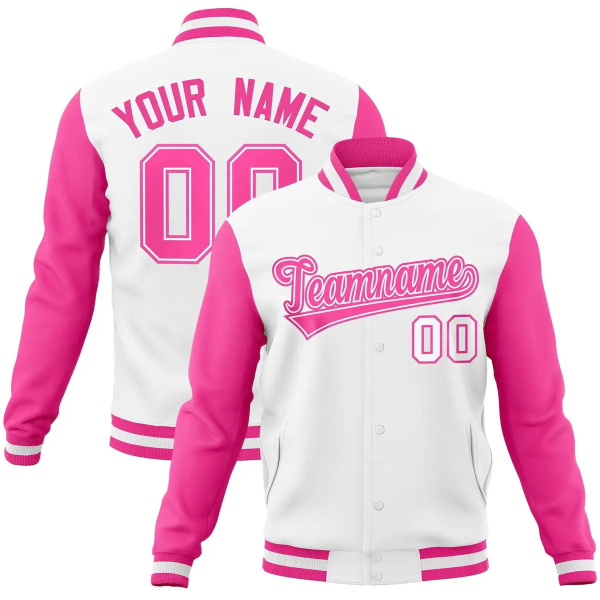 White Pink-White Raglan Varsity Letterman Full-Snap Jacket