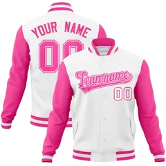 White Pink-White Raglan Varsity Letterman Full-Snap Jacket