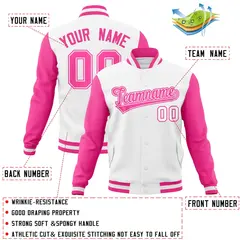 White Pink-White Raglan Varsity Letterman Full-Snap Jacket 4