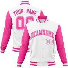 White Pink-White Raglan Varsity Letterman Full-Snap Jacket 1