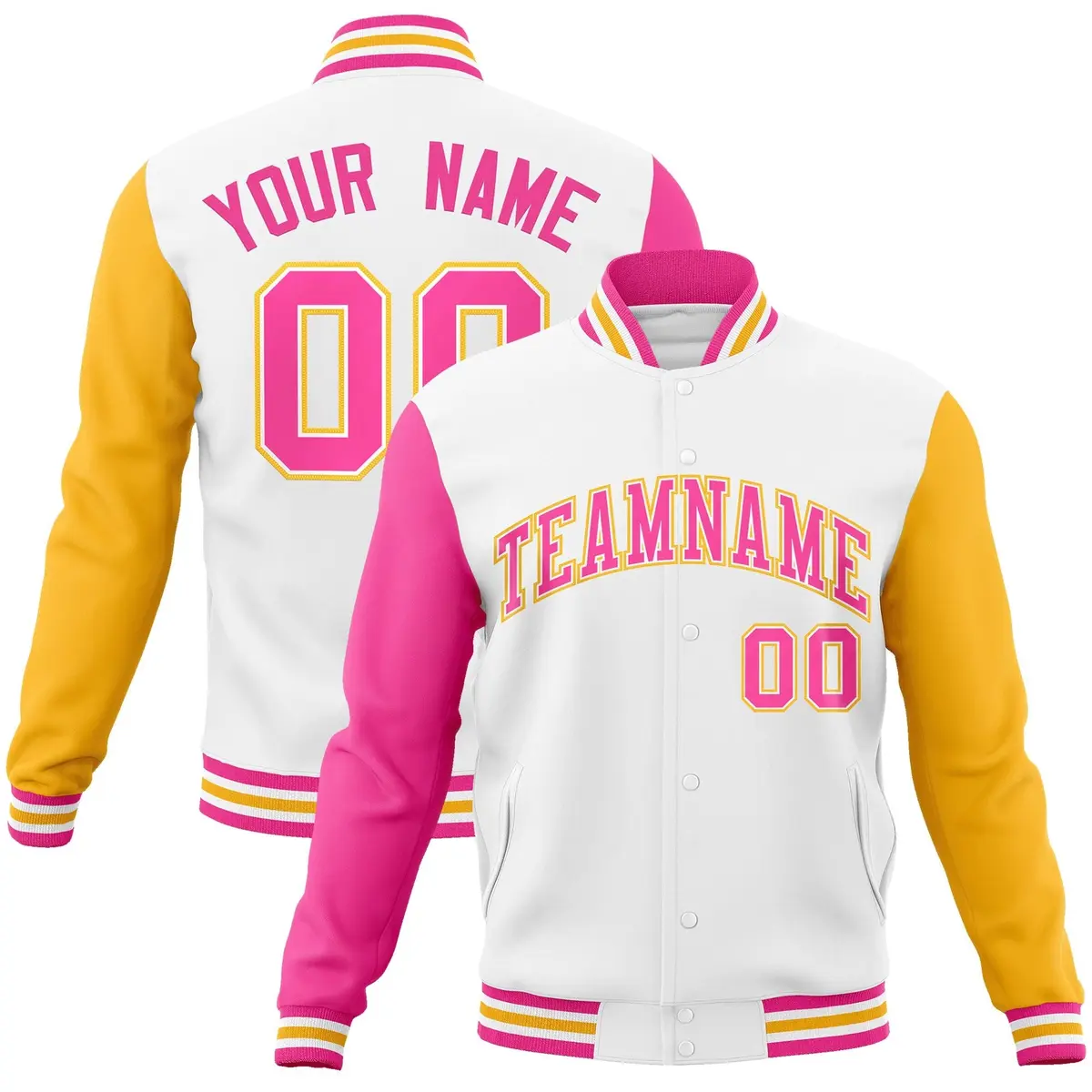 White Pink-White Raglan Varsity Letterman Full-Snap Jacket