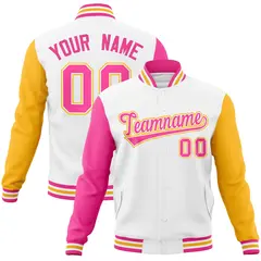 White Pink-White Raglan Varsity Letterman Full-Snap Jacket 1