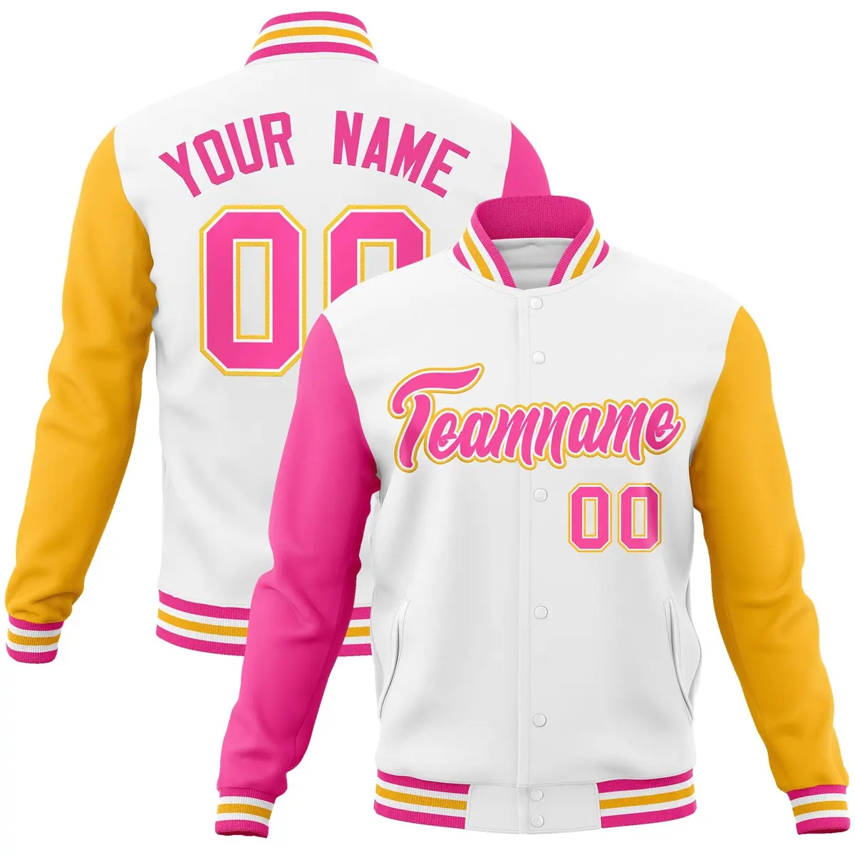 White Pink-White Raglan Varsity Letterman Full-Snap Jacket