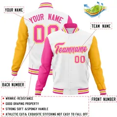 White Pink-White Raglan Varsity Letterman Full-Snap Jacket 4