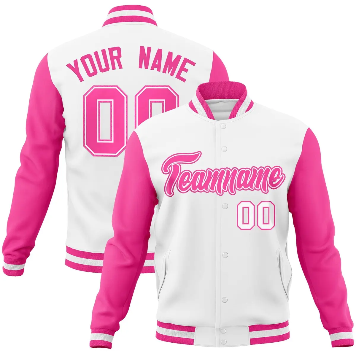 White Pink-White Raglan Varsity Letterman Full-Snap Jacket