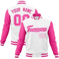 White Pink-White Raglan Varsity Letterman Full-Snap Jacket 1