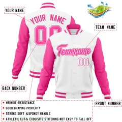 White Pink-White Raglan Varsity Letterman Full-Snap Jacket 4