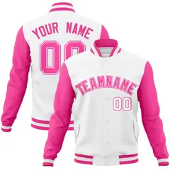 White Pink-White Raglan Varsity Letterman Full-Snap Jacket 1