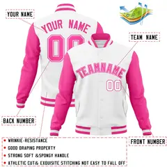 White Pink-White Raglan Varsity Letterman Full-Snap Jacket 4