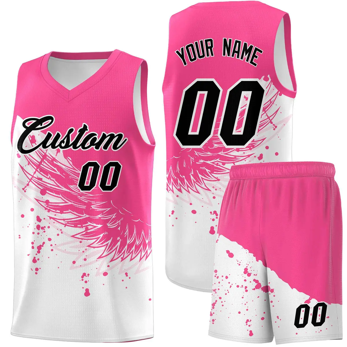 White Pink Wing Pattern Basketball Jersey Sports Uniform