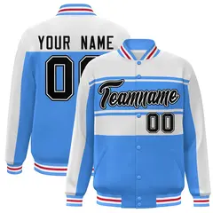 White Powder Blue-Black Color Block Varsity Full-Snap Bomber Jacket