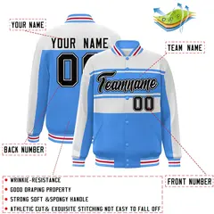 White Powder Blue-Black Color Block Varsity Full-Snap Bomber Jacket 2