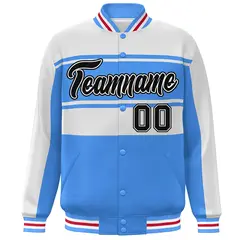 White Powder Blue-Black Color Block Varsity Full-Snap Bomber Jacket 3