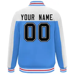 White Powder Blue-Black Color Block Varsity Full-Snap Bomber Jacket 4