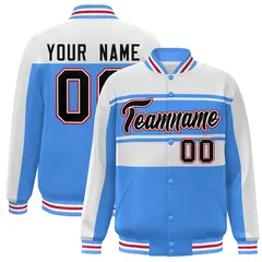 White Powder Blue-Black Color Block Varsity Full-Snap Bomber Jacket