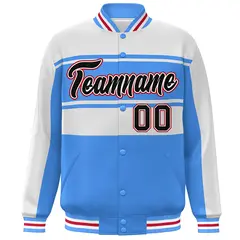 White Powder Blue-Black Color Block Varsity Full-Snap Bomber Jacket 3