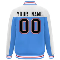 White Powder Blue-Black Color Block Varsity Full-Snap Bomber Jacket 4