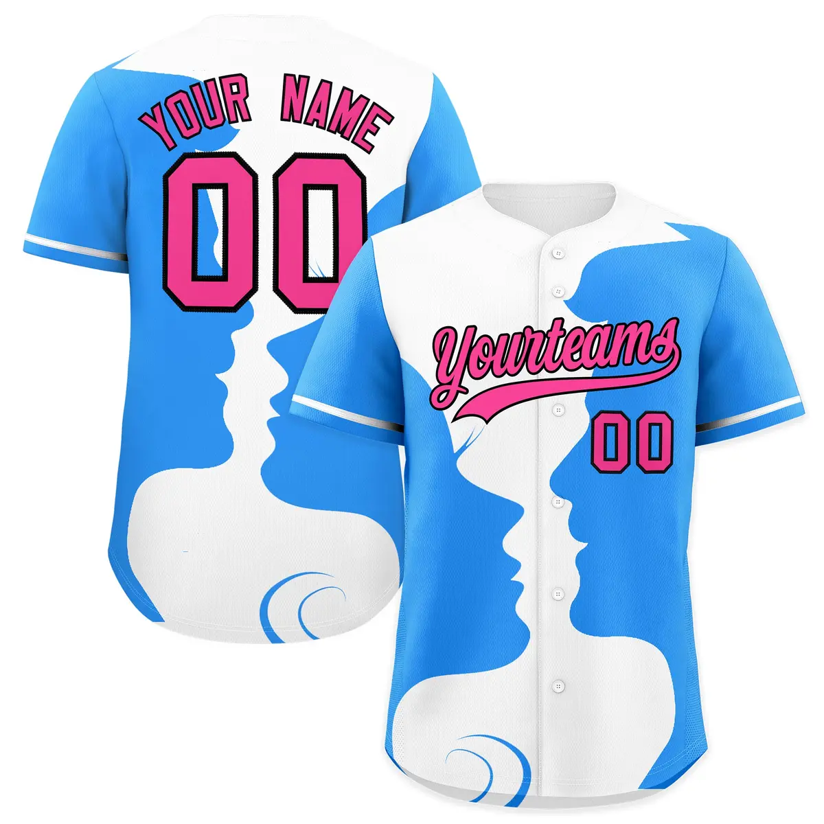 White Powder Blue Couple Silhouettes Valentine's Day Baseball Jersey