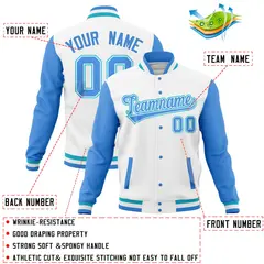 White Powder Blue Full-Snap Raglan Varsity Letterman Baseball Jacket 4