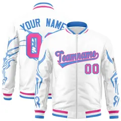 White Powder Blue Full-Zip Dragon Head Graffiti Varsity Letterman Bomber Jacket