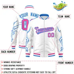 White Powder Blue Full-Zip Dragon Head Graffiti Varsity Letterman Bomber Jacket 2