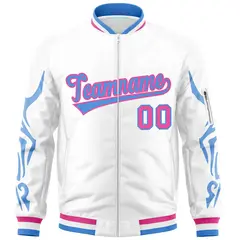 White Powder Blue Full-Zip Dragon Head Graffiti Varsity Letterman Bomber Jacket 3