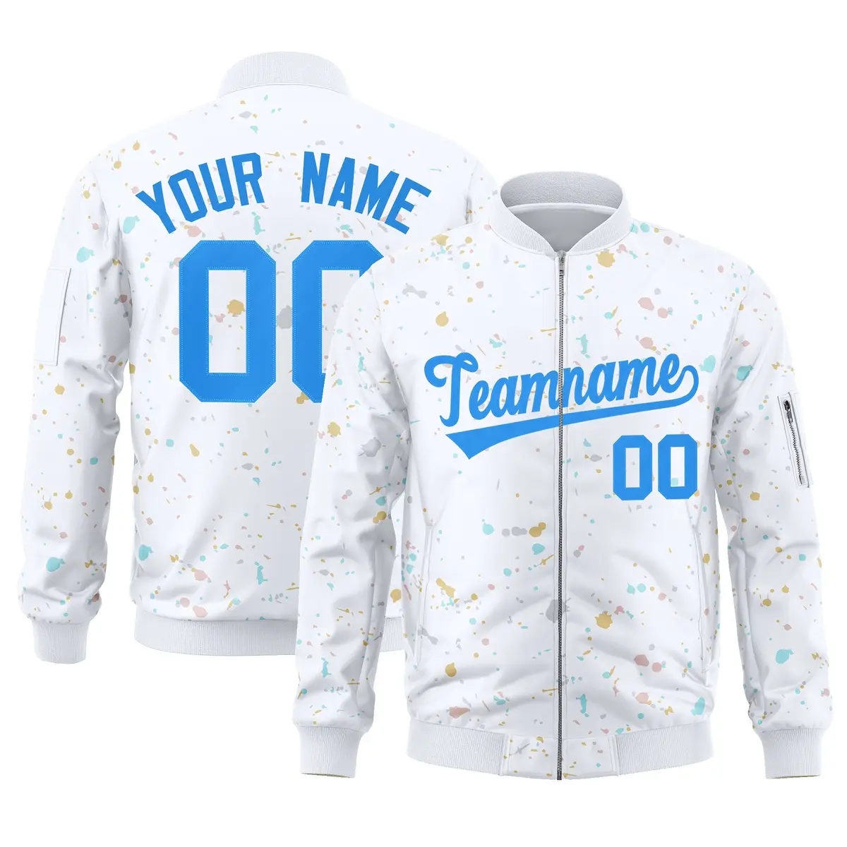 White Powder Blue Full-Zip Graffiti Splash Varsity Letterman Jacket
