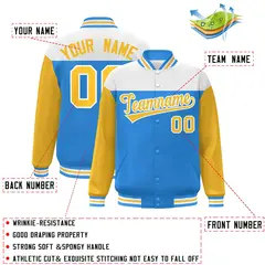White Powder Blue-Gold Color Block Letterman Varsity Baseball Jacket 2
