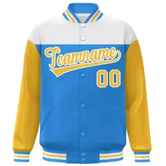 White Powder Blue-Gold Color Block Letterman Varsity Baseball Jacket 3