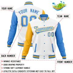 White Powder Blue-Gold Full-Snap Raglan Letterman Baseball Jacket 4