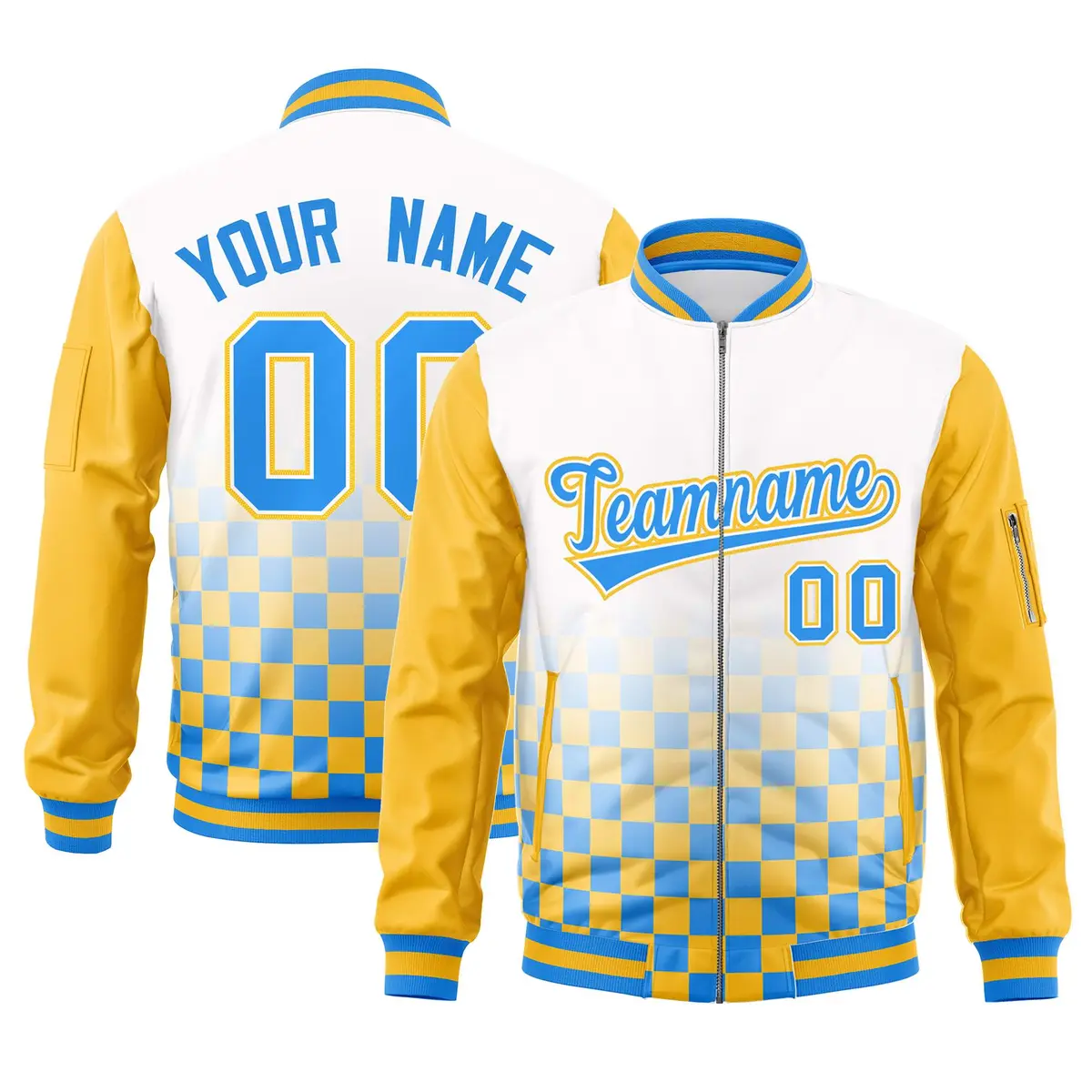 White Powder Blue-Gold Grid Color Block Letterman Raglan Jacket