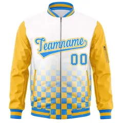 White Powder Blue-Gold Grid Color Block Letterman Raglan Jacket 3