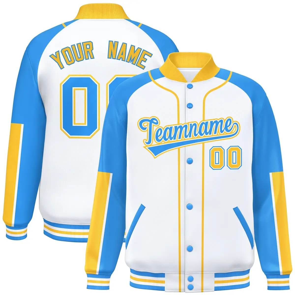 White Powder Blue-Gold Raglan Full-Snap Letterman Baseball Jacket
