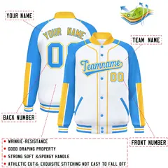 White Powder Blue-Gold Raglan Full-Snap Letterman Baseball Jacket 2